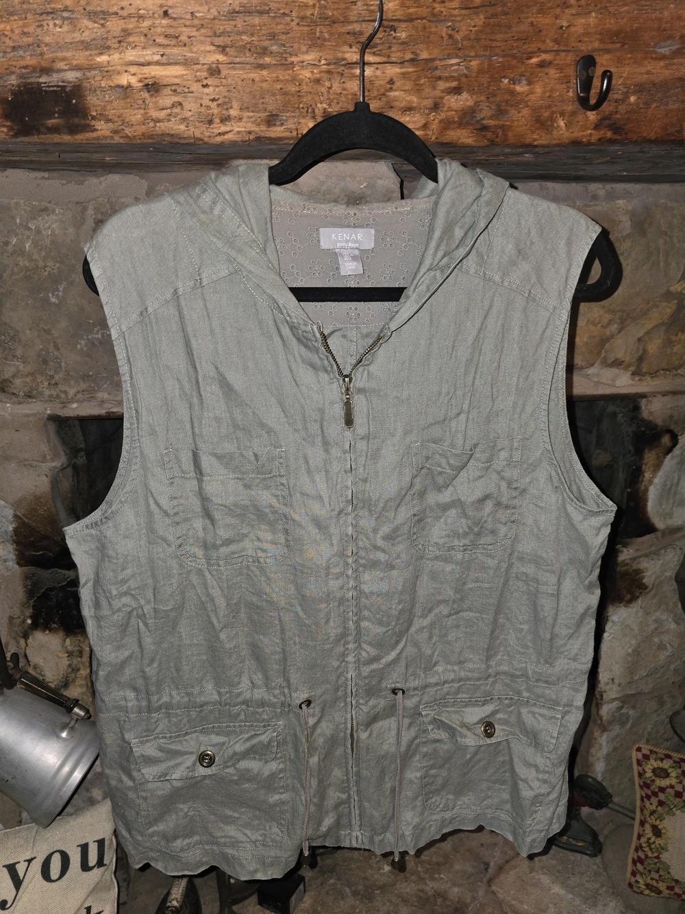 Kenar Olive Green Linen Sleeveless Utility Vest Hooded Drawstring Cargo